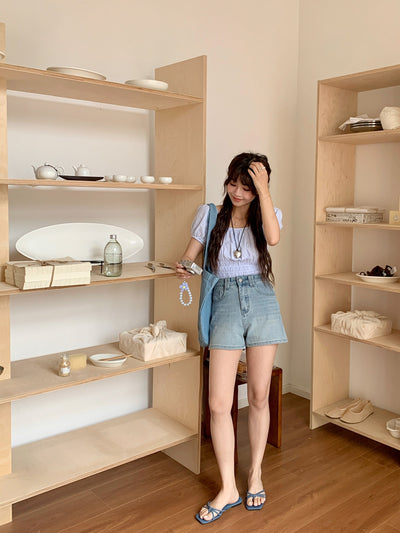 Shorts Denim Cintura Alta Elástico en Cuatro Lados Tonos Claros - Image 15