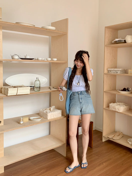 Shorts Denim Cintura Alta Elástico en Cuatro Lados Tonos Claros - Image 15