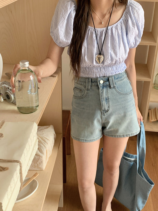Shorts Denim Cintura Alta Elástico en Cuatro Lados Tonos Claros - Image 16