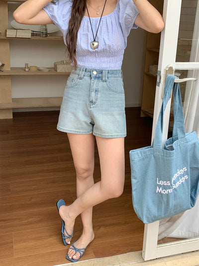 Shorts Denim Cintura Alta Elástico en Cuatro Lados Tonos Claros - Image 18