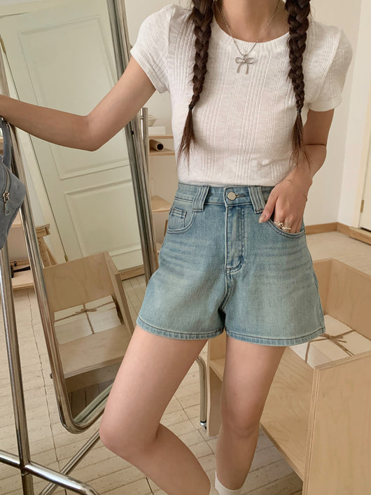Shorts Denim Cintura Alta Elástico en Cuatro Lados Tonos Claros - Image 21