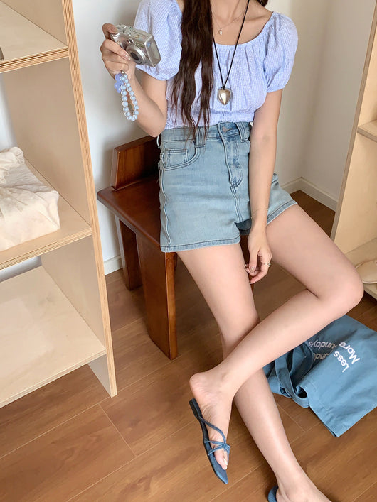 Shorts Denim Cintura Alta Elástico en Cuatro Lados Tonos Claros - Image 23