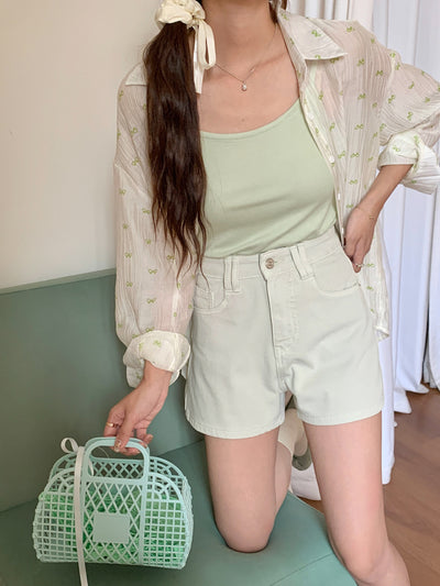 Shorts Denim Cintura Alta Elástico en Cuatro Lados Tonos Claros - Image 26