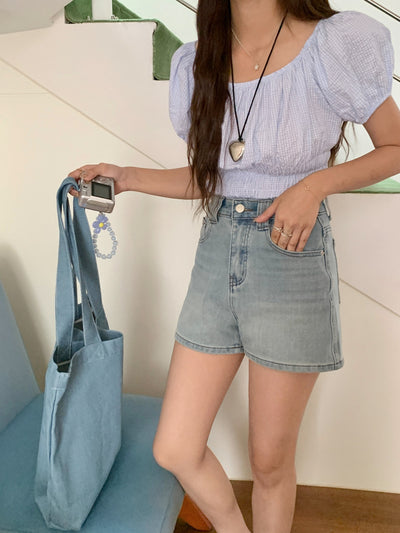 Shorts Denim Cintura Alta Elástico en Cuatro Lados Tonos Claros - Image 31