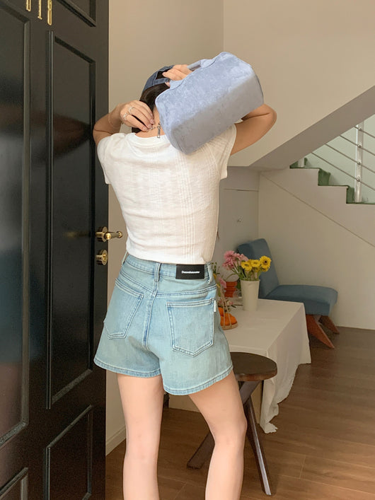 Shorts Denim Cintura Alta Elástico en Cuatro Lados Tonos Claros - Image 32