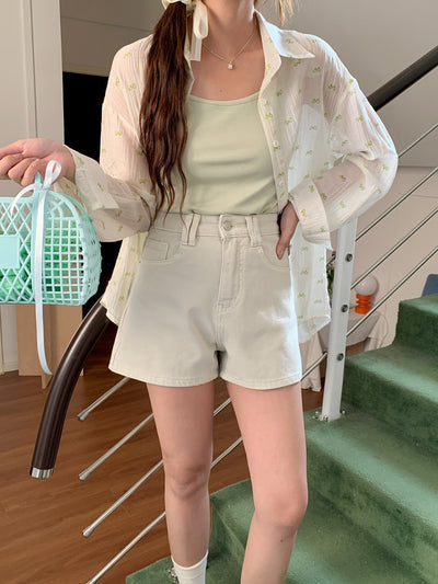 Shorts Denim Cintura Alta Elástico en Cuatro Lados Tonos Claros - Image 33