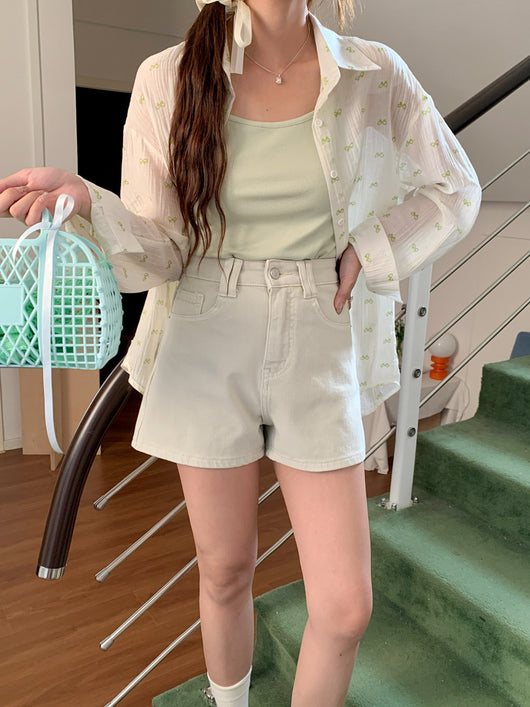 Shorts Denim Cintura Alta Elástico en Cuatro Lados Tonos Claros - Image 33