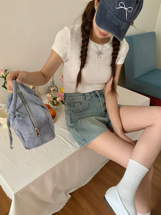 Shorts Denim Cintura Alta Elástico en Cuatro Lados Tonos Claros - Image 35