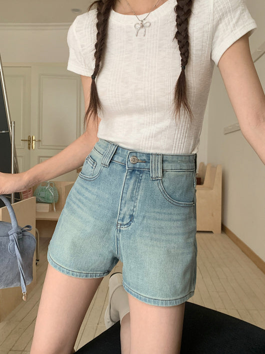Shorts Denim Cintura Alta Elástico en Cuatro Lados Tonos Claros - Image 37