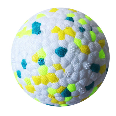 White pet toy ball with textured surface and colorful orange, yellow, and teal hexagonal patterns, 64mm diameter. - Image 13