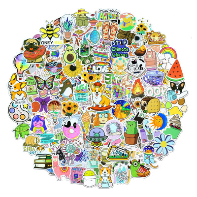 200 assorted waterproof PVC stickers featuring diverse designs like sunflowers, butterflies, rainbows, travel scenes, and positive quotes. - Image 21