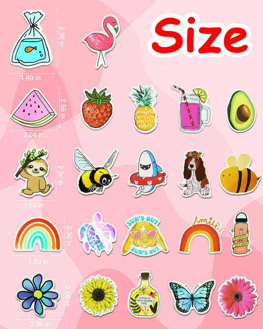 200 assorted waterproof PVC stickers featuring diverse designs like sunflowers, butterflies, rainbows, travel scenes, and positive quotes. - Image 23