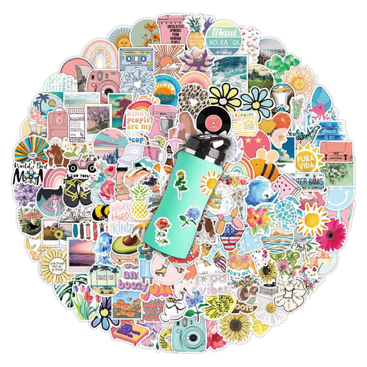 200 assorted waterproof PVC stickers featuring diverse designs like sunflowers, butterflies, rainbows, travel scenes, and positive quotes. - Image 26