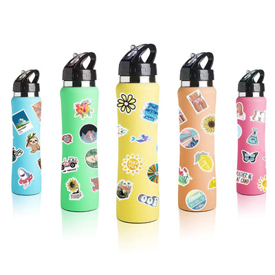 200 assorted waterproof PVC stickers featuring diverse designs like sunflowers, butterflies, rainbows, travel scenes, and positive quotes. - Image 29