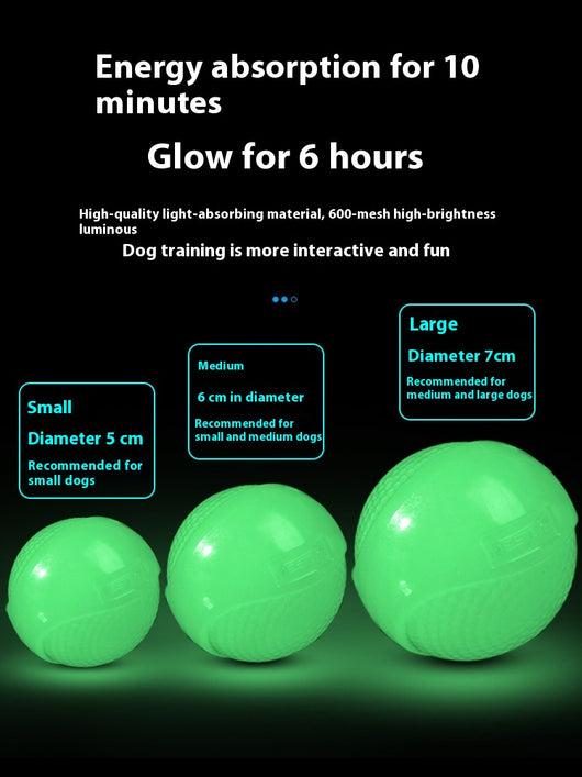 Three glowing green luminous rubber toy balls for dogs in small, medium, and large sizes, recommended for different dog breeds. - Image 20