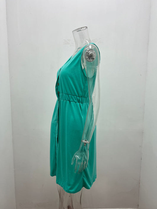 Vestido Corto Sin Mangas de Color Liso con Cintura Definida - Image 16
