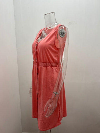 Vestido Corto Sin Mangas de Color Liso con Cintura Definida - Image 17