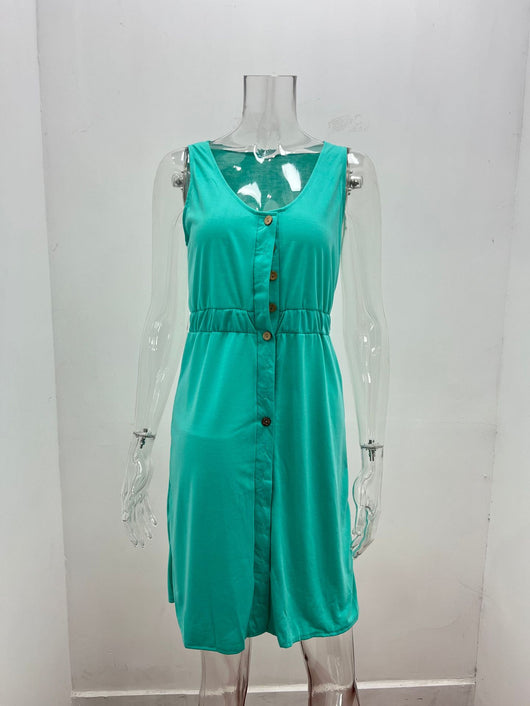 Vestido Corto Sin Mangas de Color Liso con Cintura Definida - Image 18
