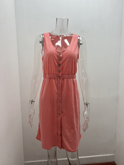 Vestido Corto Sin Mangas de Color Liso con Cintura Definida - Image 20