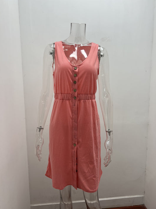 Vestido Corto Sin Mangas de Color Liso con Cintura Definida - Image 20