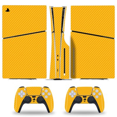 Red carbon fiber pattern skin set for Sony PS5 Slim console and two DualSense controllers, shown applied. - Image 12