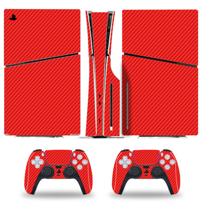 Red carbon fiber pattern skin set for Sony PS5 Slim console and two DualSense controllers, shown applied. - Image 13