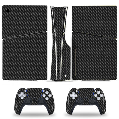 Red carbon fiber pattern skin set for Sony PS5 Slim console and two DualSense controllers, shown applied. - Image 14