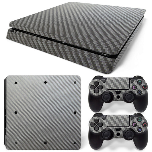Pink carbon fiber patterned stickers for a PS4 Slim console and two controllers, showing a woven texture. - Image 22