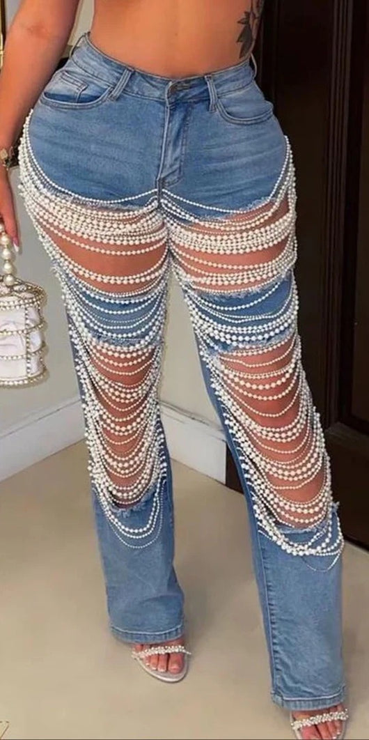Pantalones Rectos con Adornos de Cadena de Cuentas - Image 10