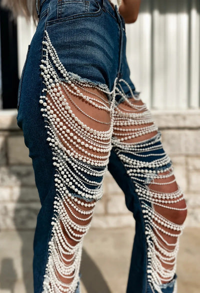 Pantalones Rectos con Adornos de Cadena de Cuentas - Image 12