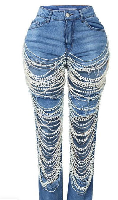 Pantalones Rectos con Adornos de Cadena de Cuentas - Image 14