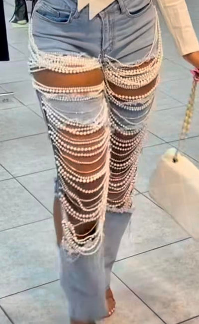 Pantalones Rectos con Adornos de Cadena de Cuentas - Image 16