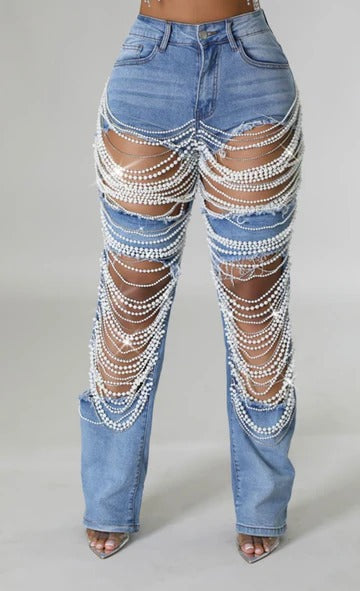 Pantalones Rectos con Adornos de Cadena de Cuentas - Image 20