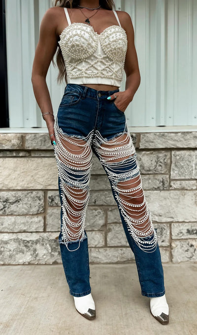 Pantalones Rectos con Adornos de Cadena de Cuentas - Image 22