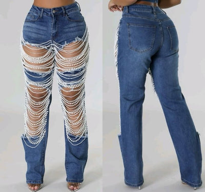 Pantalones Rectos con Adornos de Cadena de Cuentas - Image 23