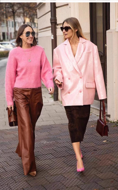 Blazer Suelto Doble Botonadura Rosa Raíz de Loto con Lentejuelas - Image 14