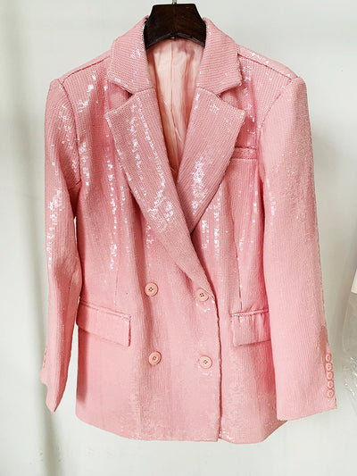 Blazer Suelto Doble Botonadura Rosa Raíz de Loto con Lentejuelas - Image 15