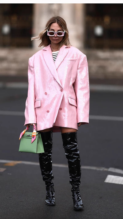 Blazer Suelto Doble Botonadura Rosa Raíz de Loto con Lentejuelas - Image 17