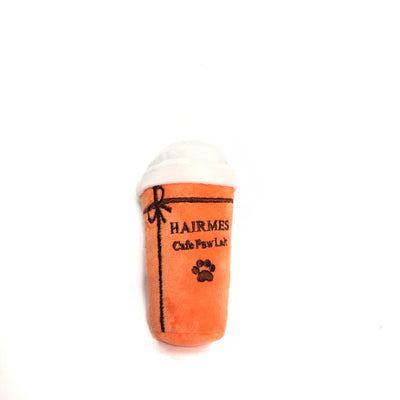 Orange plush dog toy shaped like a coffee cup with 'HAIRMES Cafe Paw Lait' and a paw print embroidered on it. - Image 8