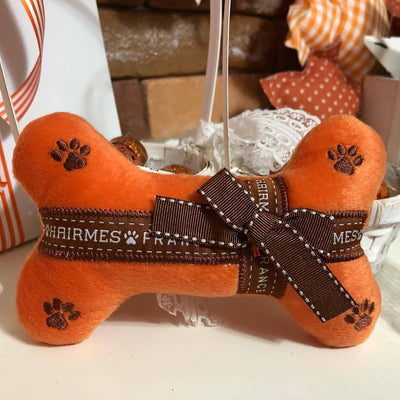 Orange plush dog toy shaped like a coffee cup with 'HAIRMES Cafe Paw Lait' and a paw print embroidered on it. - Image 11