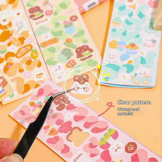 10 sheets of cute, colorful journal stickers with various cartoon characters, animals, and food designs. - Image 13