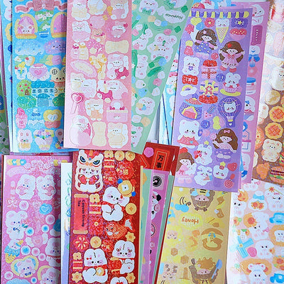 10 sheets of cute, colorful journal stickers with various cartoon characters, animals, and food designs. - Image 14