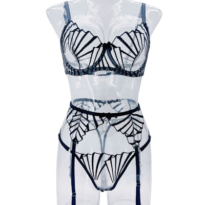 Red and white sheer mesh three-piece lingerie set with striped pattern, including a bra, thong, and garter belt. - Image 15