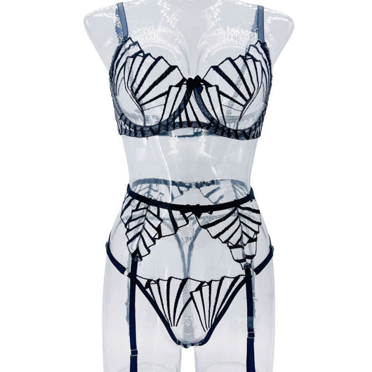 Red and white sheer mesh three-piece lingerie set with striped pattern, including a bra, thong, and garter belt. - Image 15