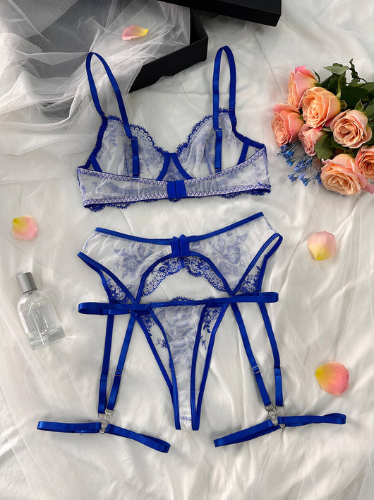 Nude and black embroidered sheer lingerie set with a bra, thong, and garter belt, featuring floral lace. - Image 22