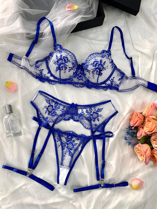 Nude and black embroidered sheer lingerie set with a bra, thong, and garter belt, featuring floral lace. - Image 25