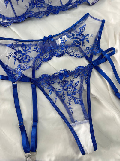 Nude and black embroidered sheer lingerie set with a bra, thong, and garter belt, featuring floral lace. - Image 26