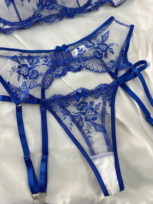 Nude and black embroidered sheer lingerie set with a bra, thong, and garter belt, featuring floral lace. - Image 26