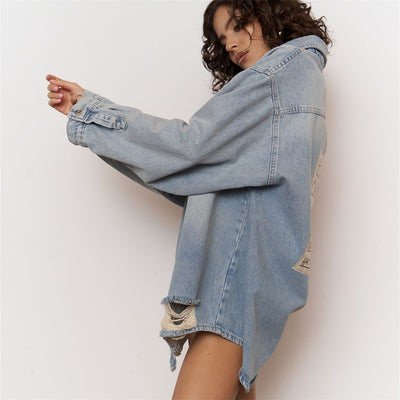 Camisa Denim Mujer Estilo Urbano con Letras - Image 13