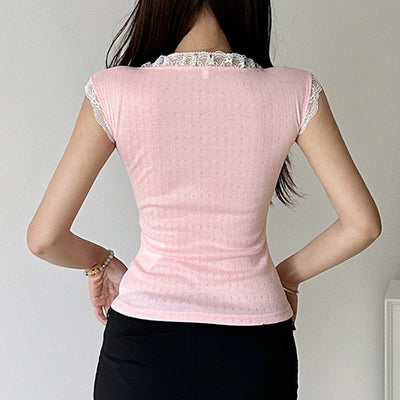 Blusa Elegante de Encaje con Cuello Cuadrado y Manga Corta - Image 32